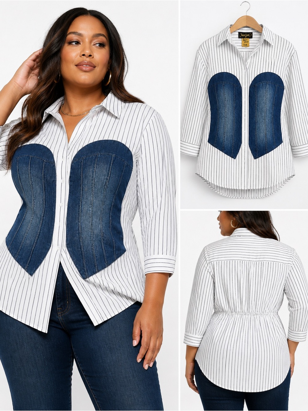 Spoon Jeans 1X Corset Button Down Shirt Womens Plus Denim Bustier Pinstripe Top